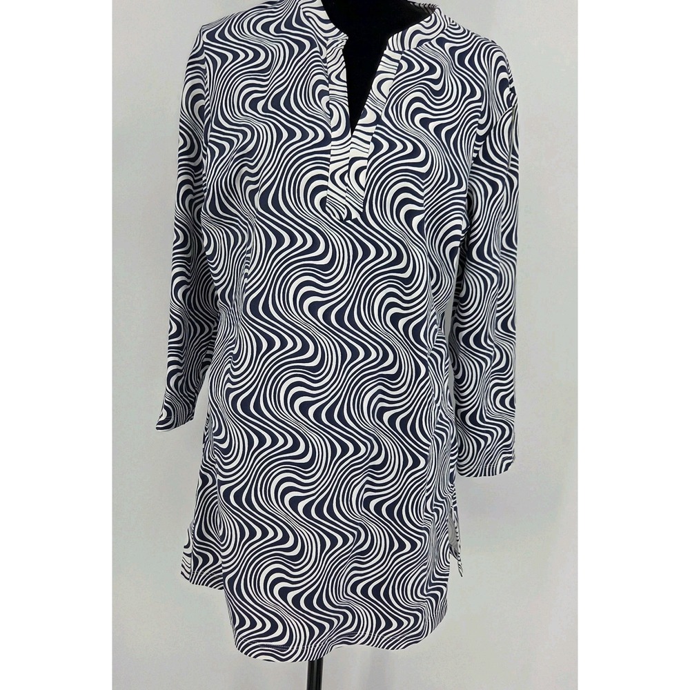 J. McLaughlin Catalina Tunic‎ Large Navy White Cloth Swirl Print 3/4 Sleeve